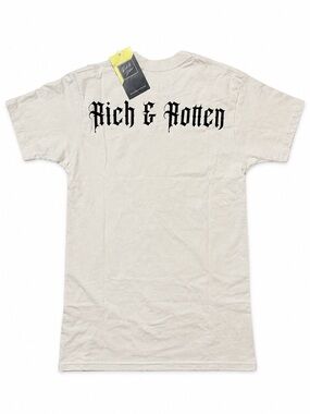 Rich & Rotten Gothic Logo Graphic T Shirt Beige Black NWT